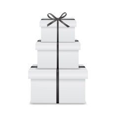 Stack of three realistic white gift boxes with black ribbon N2