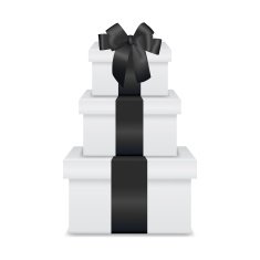 Stack of three realistic white gift boxes with black ribbon N4
