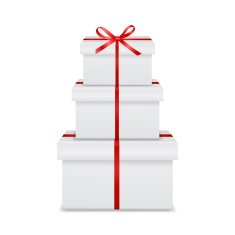 Stack of three realistic white gift boxes with red ribbon N2