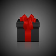 Black square gift box with red ribbon and bow