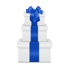 Stack of three realistic white gift boxes with blue ribbon N3