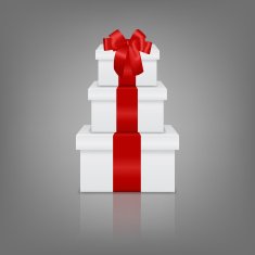 Stack of three realistic white gift boxes with red ribbon N3