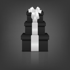 Stack of three realistic black gift boxes with white ribbon N3