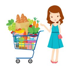 Girl and shopping cart full of eating