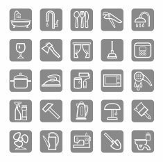 Icons household goods appliances plumbing white outline grey background N2