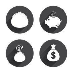 Money bag icons Wallet and piggy bank symbols N5