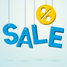 Sale blue sign hanging on a thread