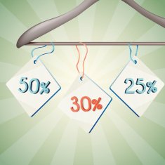 Sales tags with percents discount tied on the ribbon