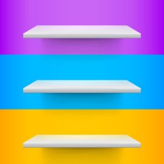 Three white realistic shelves on voilet blue and yellow backgro N2