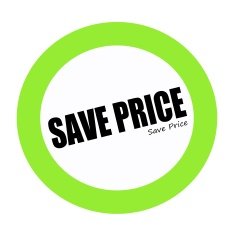 SAVE PRICE black stamp text on green