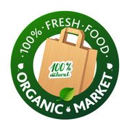 Eco Market Badge Promo Paper bags and leaves on green