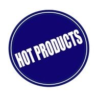 HOT PRODUCTS white stamp text on blue N2