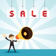 Businessman with Megaphone Announcement Sale Tag Label