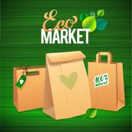 Eco Market Promo Paper bags and leaves on green background