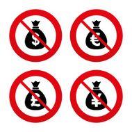 Money bag icons Dollar Euro Pound and Yen N25