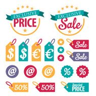 Colorful collection of retail icons and labels