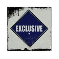 exclusive white stamp text on blue black background