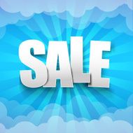 Sale text on sunburst and blue sky cloud background