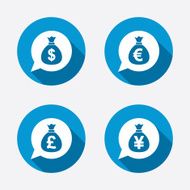 Money bag icons Dollar Euro Pound and Yen N26