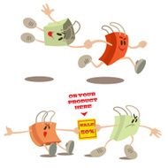Set of shopping bag mascots in various situations