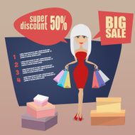 Girl or woman on shopping sale holding bags Retro style N2