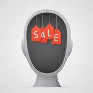Orange sale tags inside a head silhouette