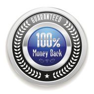 Blue money back button with silver border