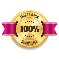 Gold money back badge with purple ribbon