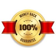 Gold money back badge with red ribbon