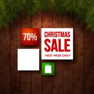 Christmas sale design template Wooden background realistic fir
