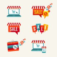 Sale tags Laptop with awning and shopping bag icons set