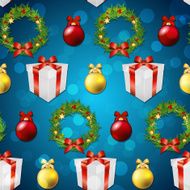 New year pattern with tree toys gift ribbon and wreath