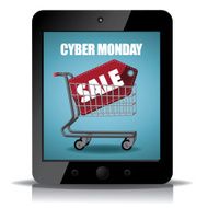 Cyber Monday tablet with shopping cart icon