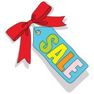 Sale label with colored letters and a red bow