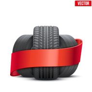 Realistic wheels and tire concept with ribbon Vector Illustration