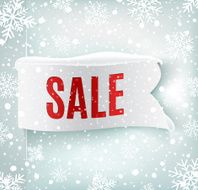 Winter sale background with white realistic ribbon banner and snow