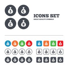 Money bag icons Dollar Euro Pound and Yen N24