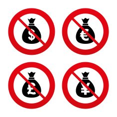 Money bag icons Dollar Euro Pound and Yen N25