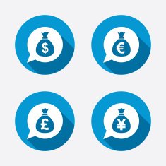 Money bag icons Dollar Euro Pound and Yen N26