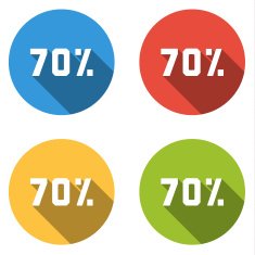Collection of 4 isolated flat buttons (icons) for 70 (discount)