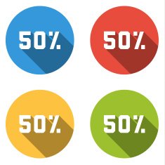 Collection of 4 isolated flat buttons (icons) for 50 (discount)