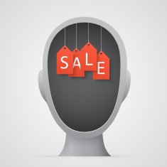 Orange sale tags inside a head silhouette