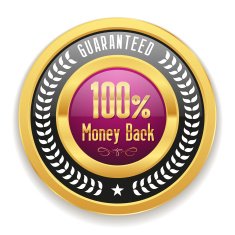 Purple money back button with gold border