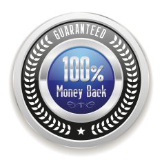 Blue money back button with silver border