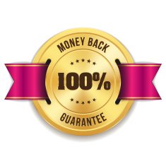 Gold money back badge with purple ribbon