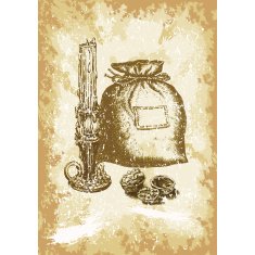candle and bag with presents on a vintage background
