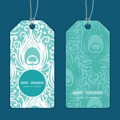 Vector soft peacock feathers vertical round frame pattern tags set