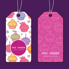 Vector colorful cupcake party vertical round frame pattern tags set