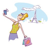 Young woman holding bags and making a selfie in Paris