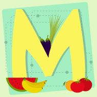 Letter &quot;m&quot; from stylized alphabet with fruits and vegetables